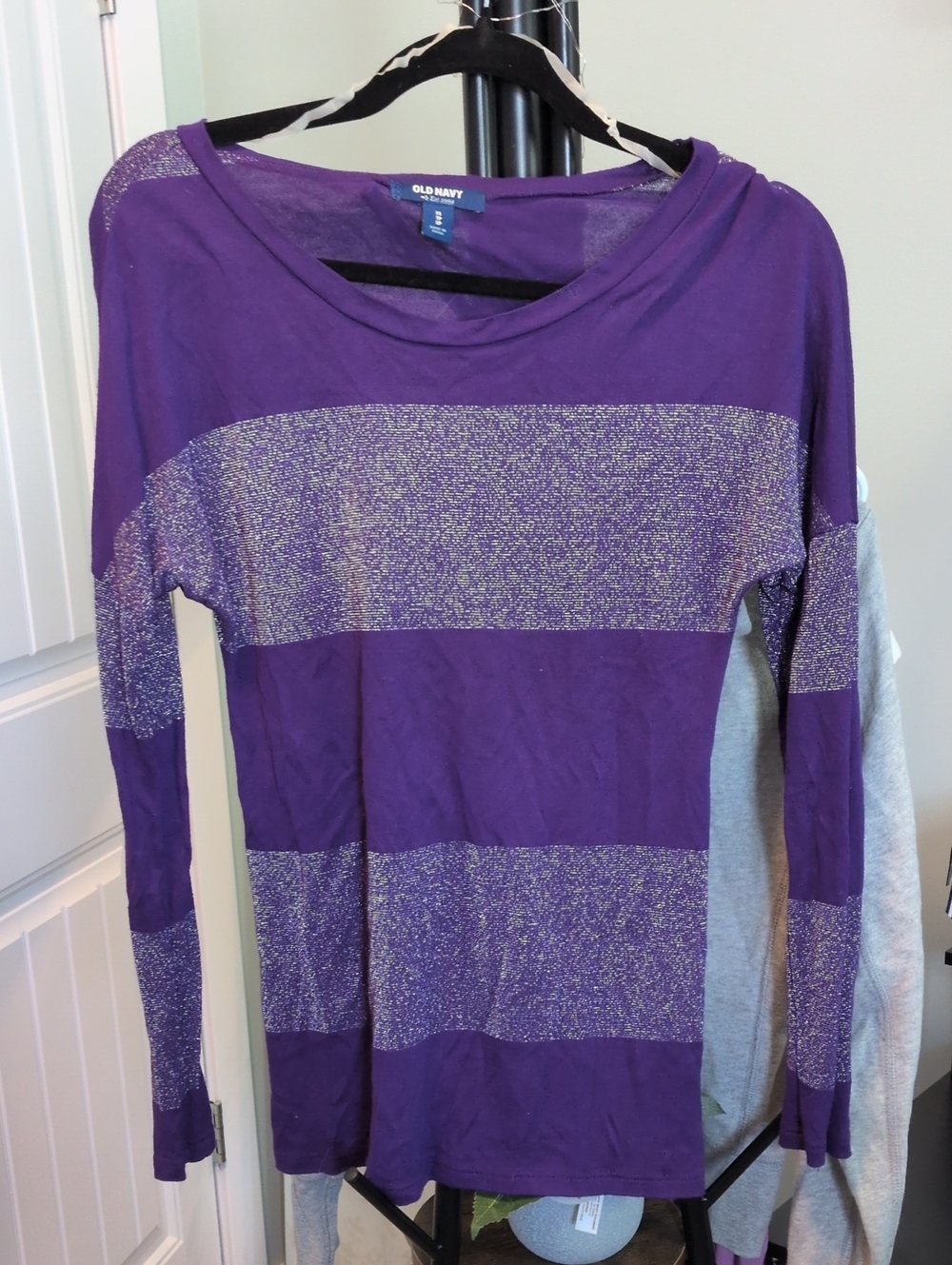 Old Navy Purple Long-Sleeve Top with Metallic Silver Stripes